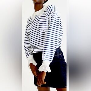 J. Crew French Terry Striped Sweatshirt with lace collar and cuffs Size L